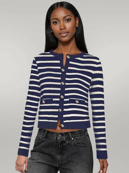 Striped Round Neck Button Up Long Sleeve Cardigan Navy