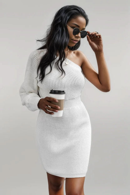 One Shoulder Raglan Sleeve Pencil Sweater Dress