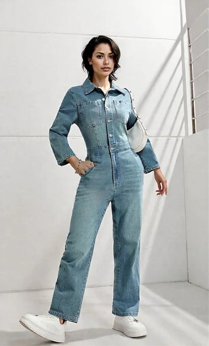 Half Button Long Sleeve Straight Leg Denim Jumpsuit