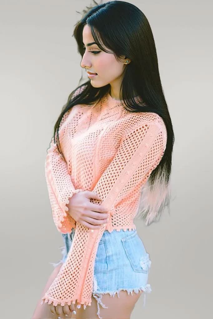 Openwork Round Neck Long Sleeve Knit Top Peach