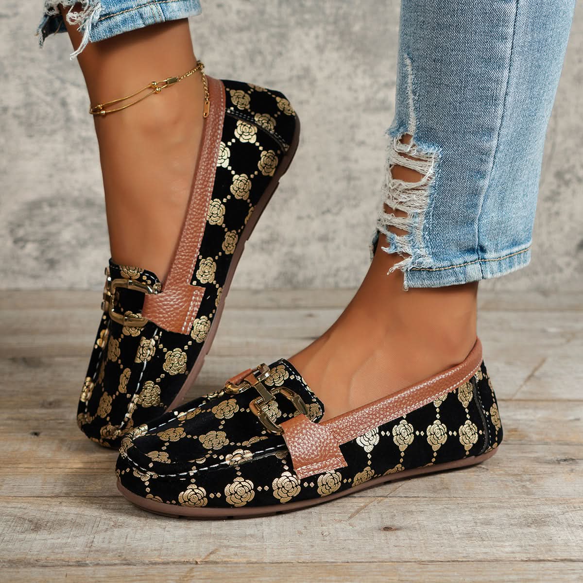 Floral PU Leather Flat Loafers Gold