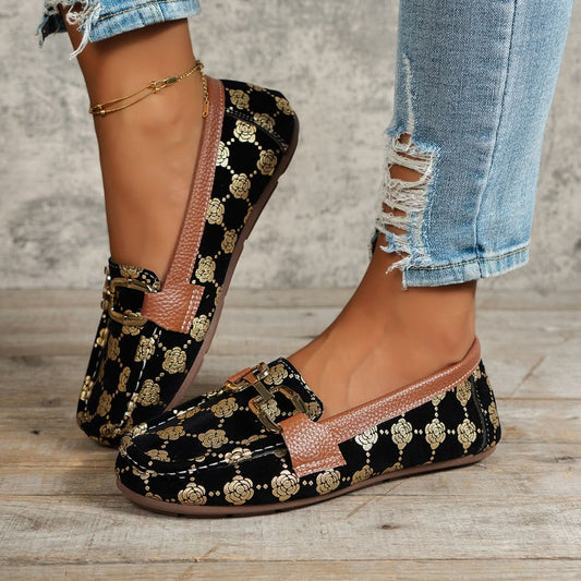 Floral PU Leather Flat Loafers Gold