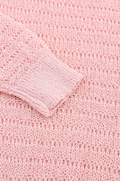 Pink Knitted Eyelets Round Neck Long Sleeve Top Pink 100%Polyester