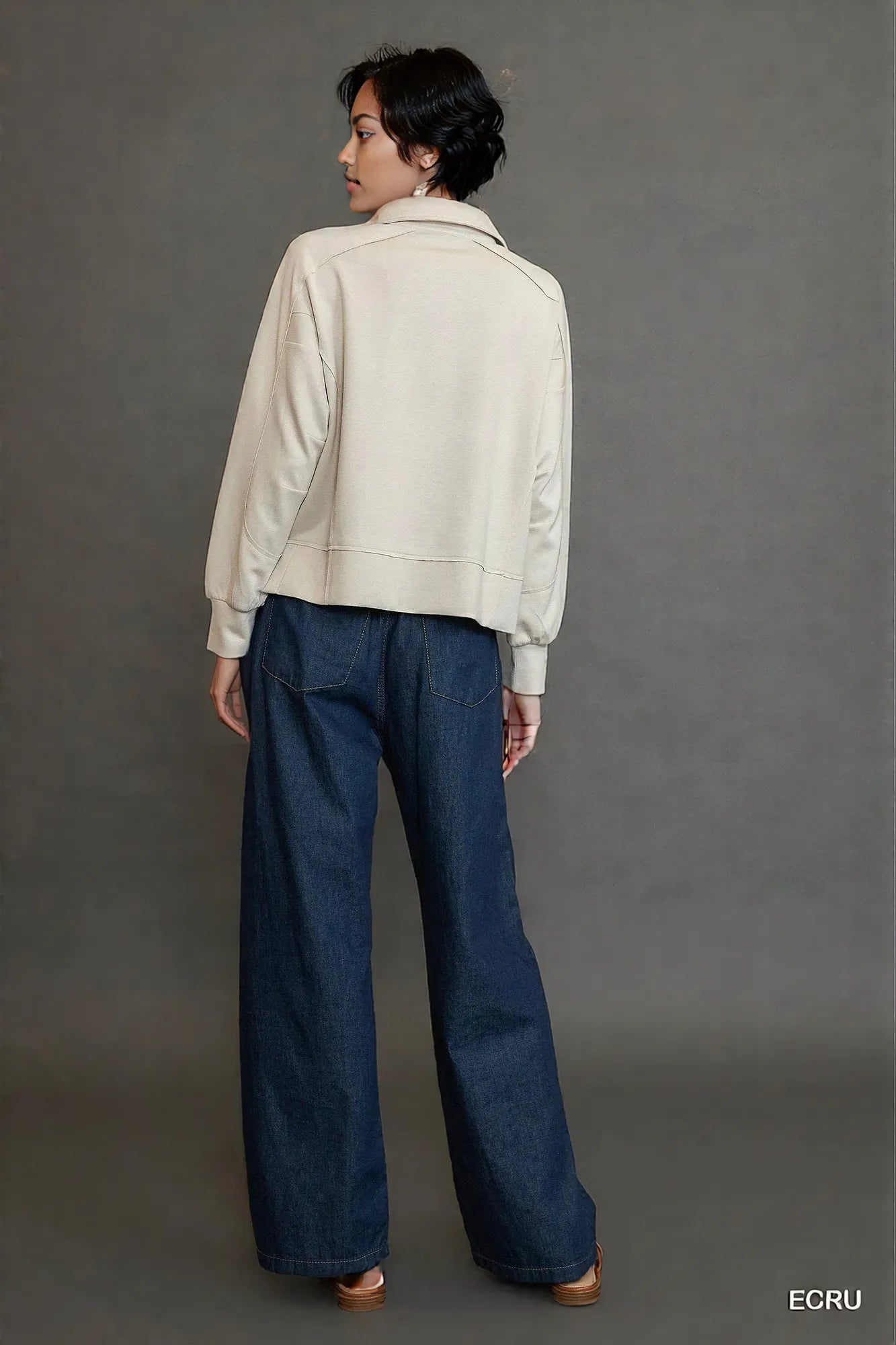 Umgee Collared Neck Long Sleeve Top with Raw Hem Detail