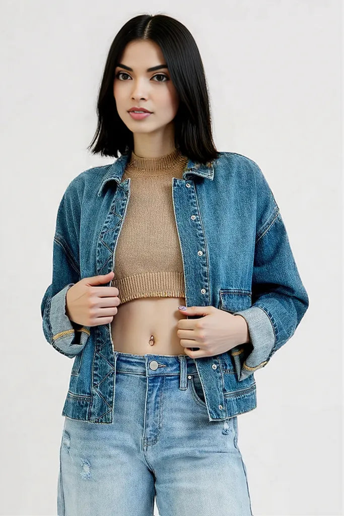 RISEN Oversized Cargo Pocket Denim Jacket with Cuffed Sleeves MEDIUM