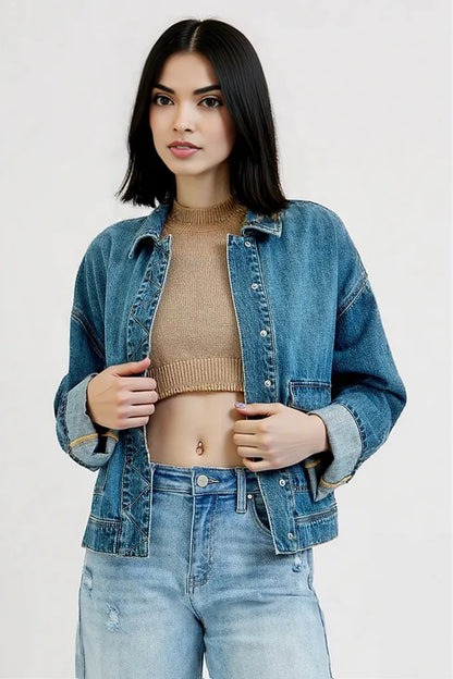 RISEN Oversized Cargo Pocket Denim Jacket with Cuffed Sleeves MEDIUM