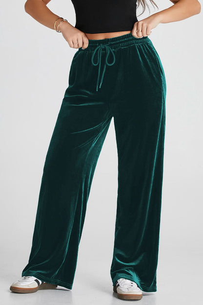Black Solid Drawstring Waist Wide Leg Pants Evergreen 95%Polyester+5%Elastane