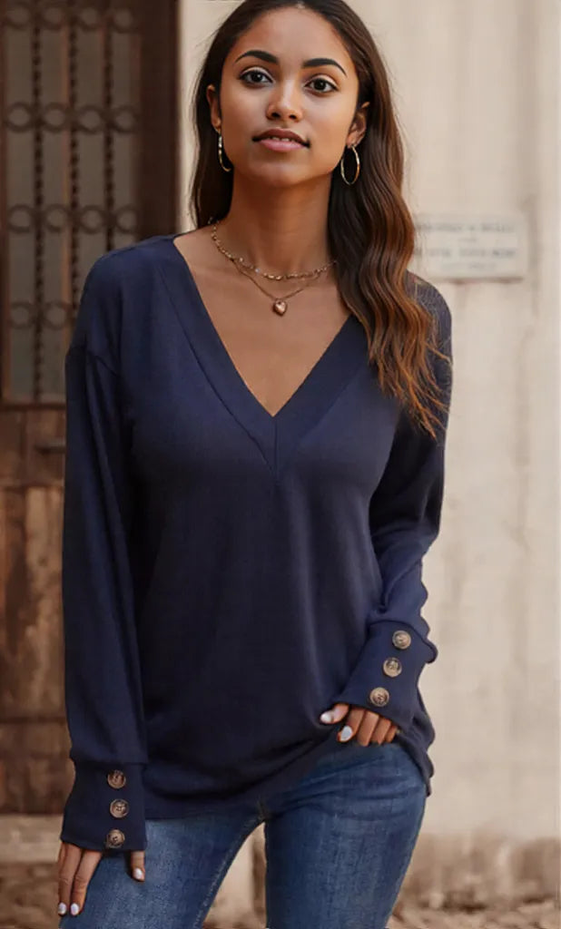 V-Neck Long Sleeve T-Shirt Navy Blue