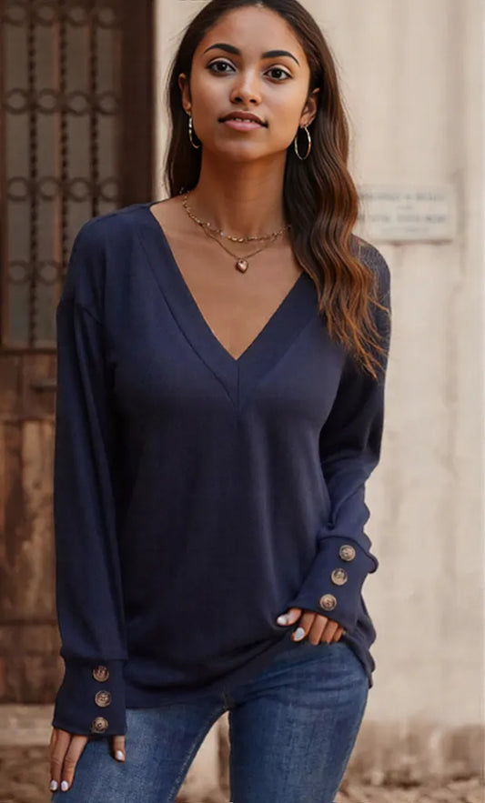 V-Neck Long Sleeve T-Shirt Navy Blue