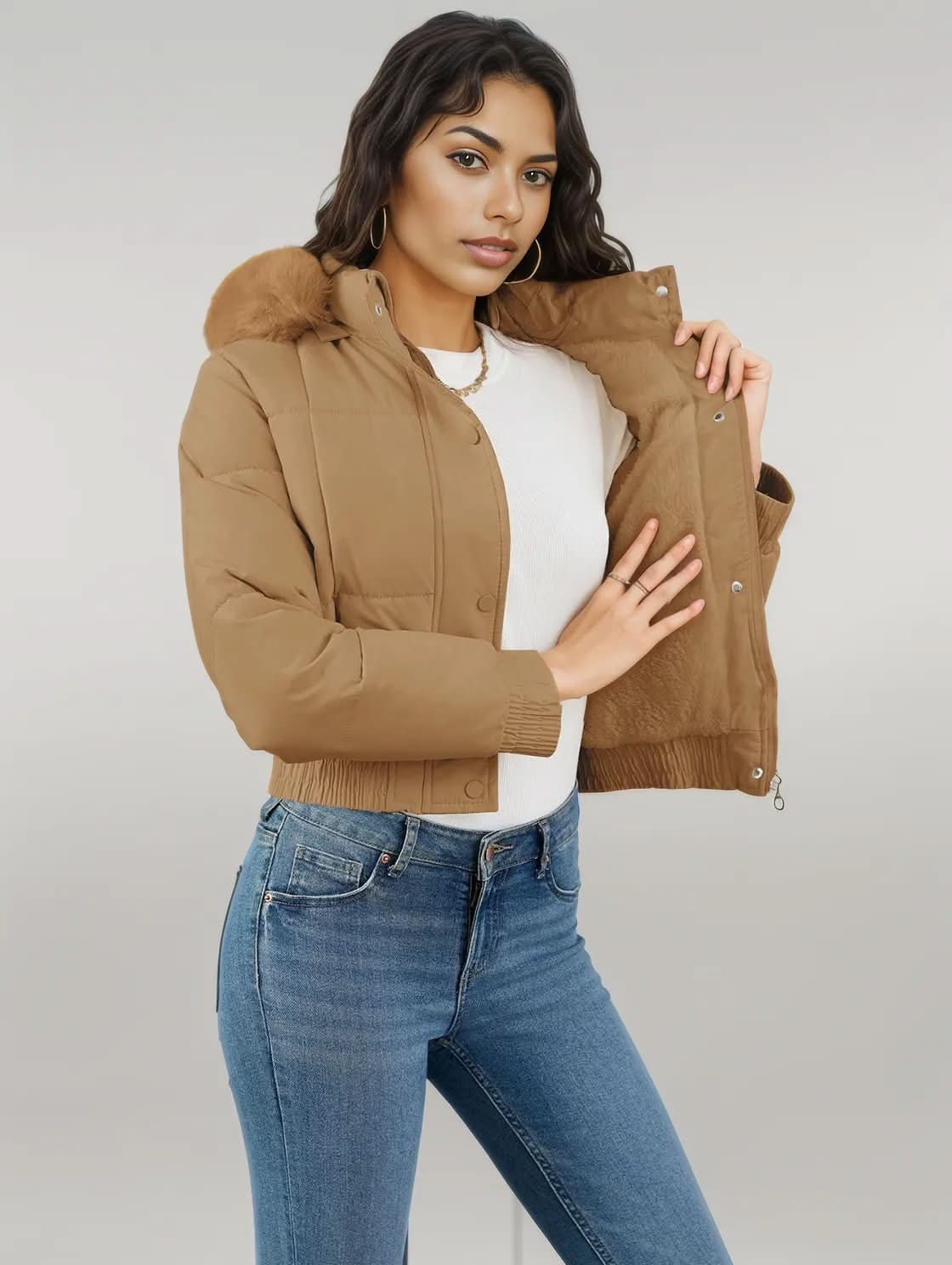 Pocketed Long Sleeve Cropped Hooded Winter Coat