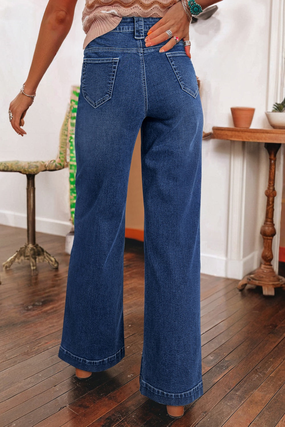 Sail Blue Wide Leg Pocketed High Waist Jeans Sail Blue 71%Cotton+27.5%Polyester+1.5%Elastane