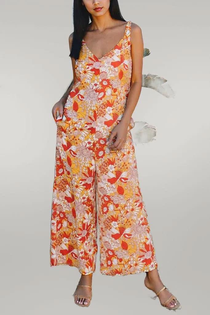 Orange Floral V Neck Wide Leg Sleeveless Jumpsuit Orange 100%Polyester