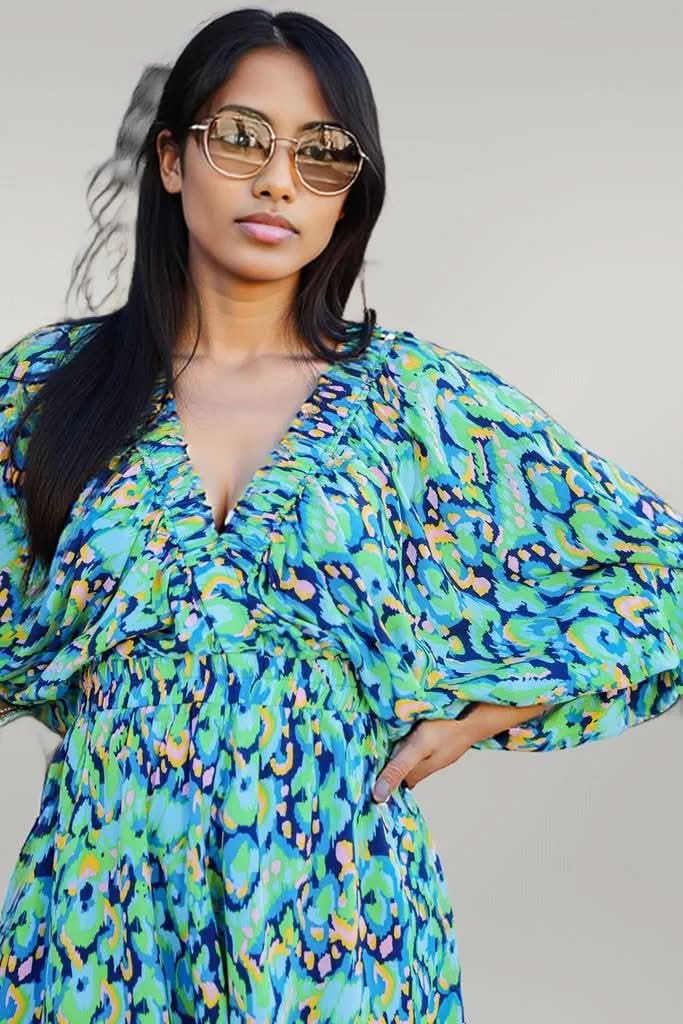 Pink Abstract Print Puff Sleeve V Neck High Waist Romper Green 100%Polyester