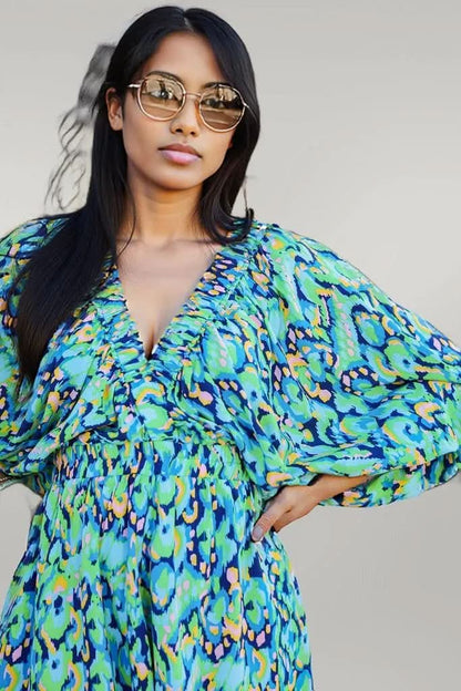 Pink Abstract Print Puff Sleeve V Neck High Waist Romper Green 100%Polyester