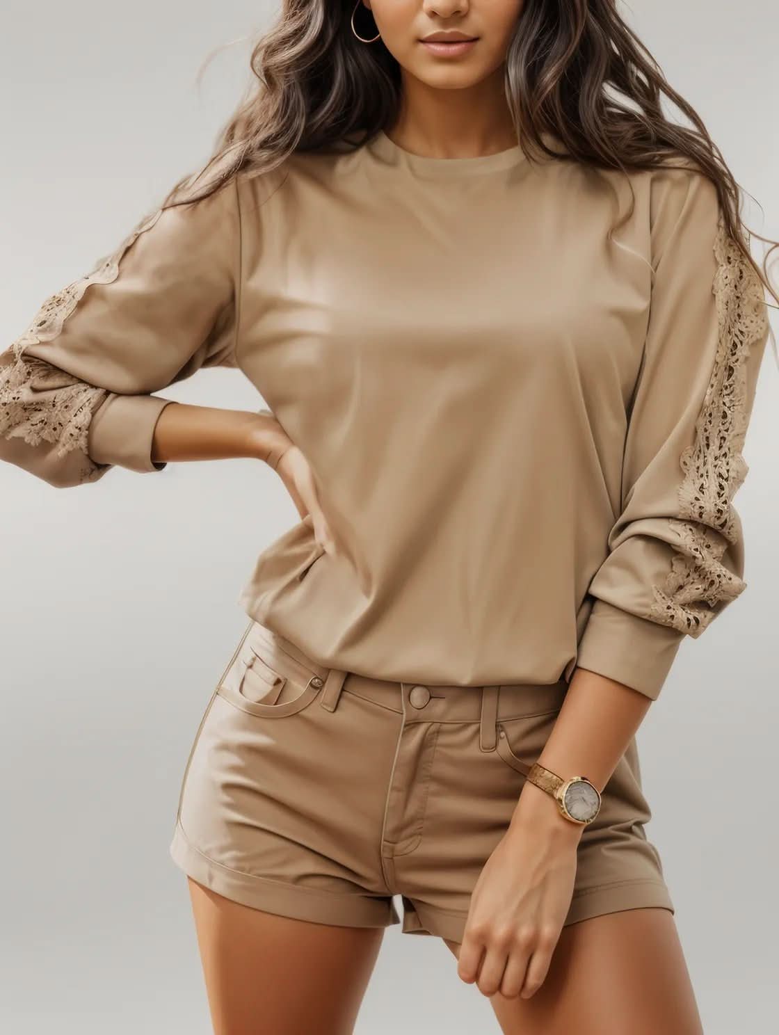 Lace Detail Round Neck Long Sleeve T-Shirt Camel