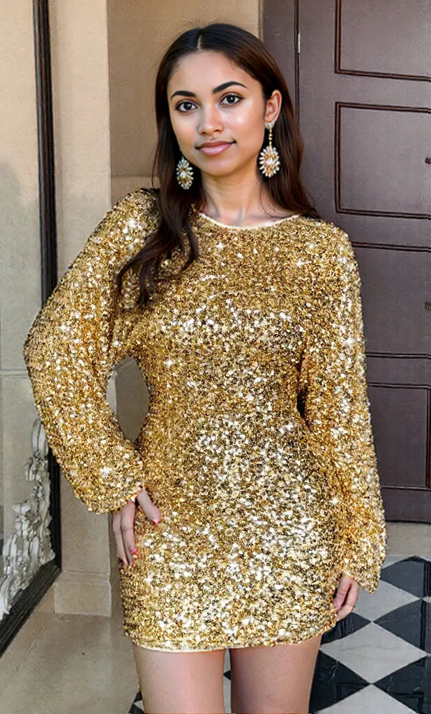 Sequin Long Sleeve Bodycon Mini Dress Yellow