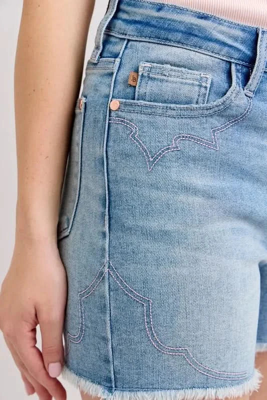 Judy Blue Full Size High Waist Western Embroidery Detail Cut Off Denim Shorts