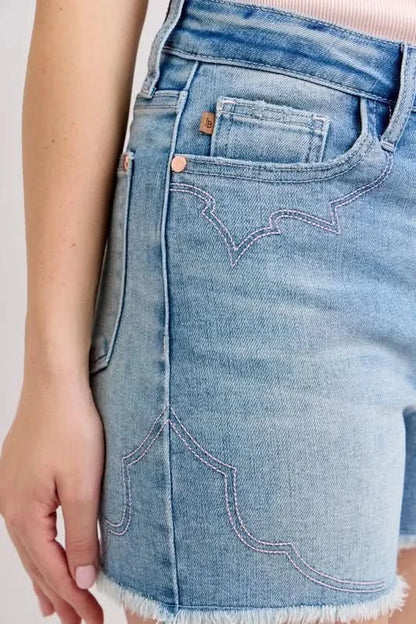 Judy Blue Full Size High Waist Western Embroidery Detail Cut Off Denim Shorts