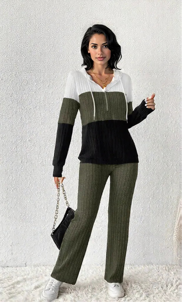 Color Block Half Zip Hooded Top and Pants Set