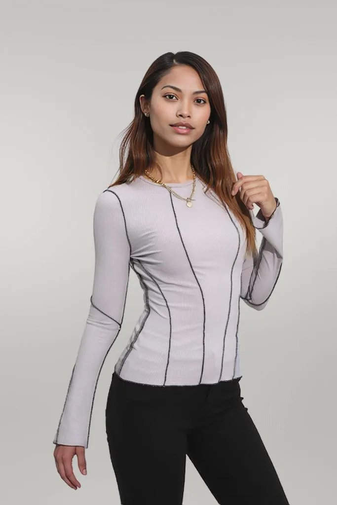 Ribbed Round Neck Long Sleeve Blouse