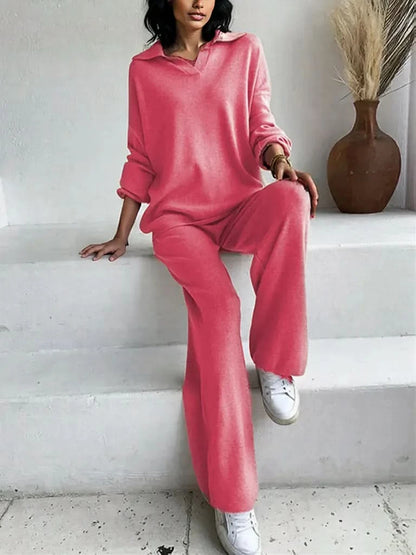 Johnny Collar Long Sleeve Top and Pants Sweater Set Hot Pink One Size