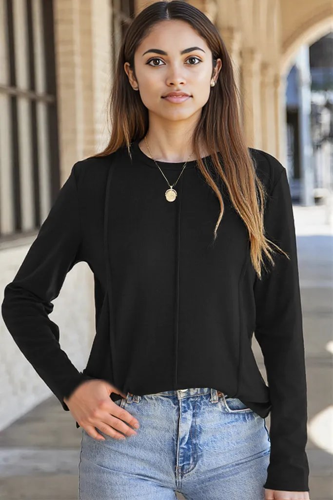 Black Solid Exposed Seam Crew Neck Long Sleeve Top