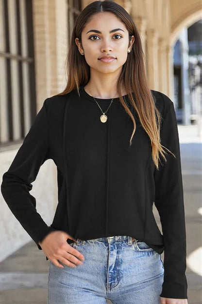 Black Solid Exposed Seam Crew Neck Long Sleeve Top