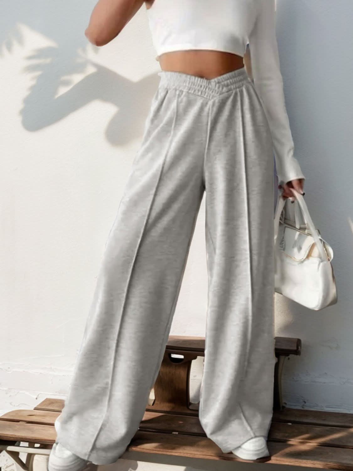Perfee Elastic Waist Wide Leg Pants Light Gray