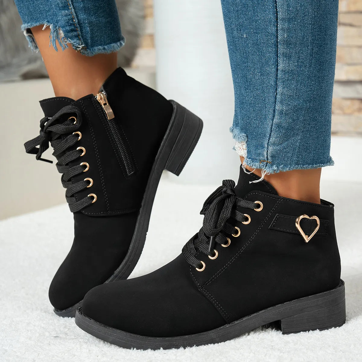 Lace-Up Ankle Boots with Heart Charm Detail