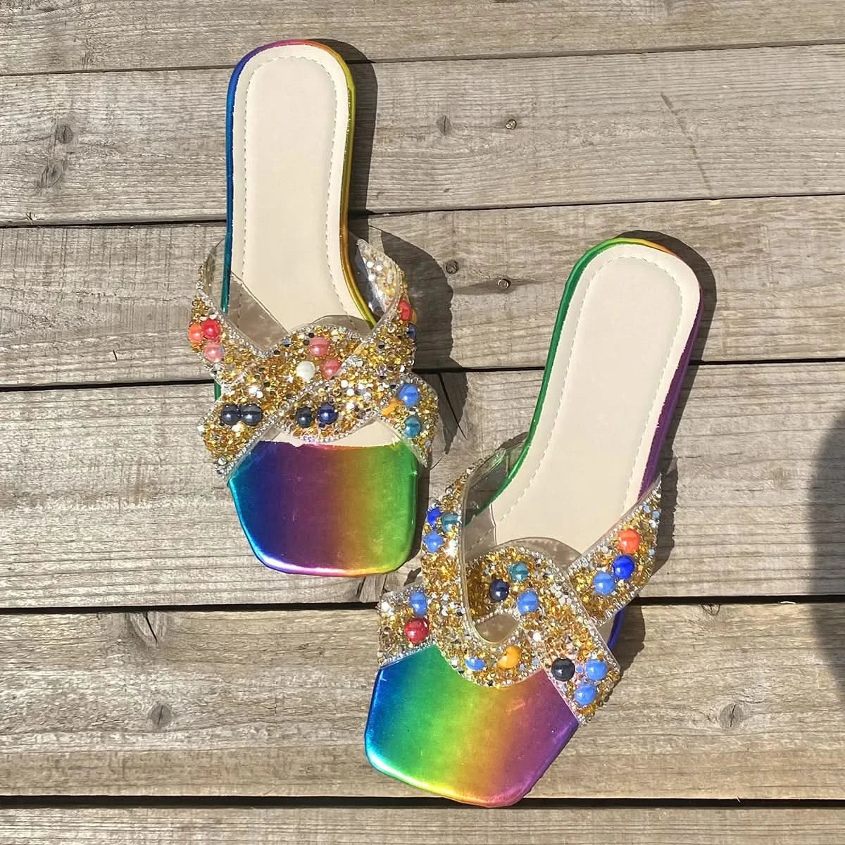 Rainbow Rhinestone Flat Sandals Burgundy