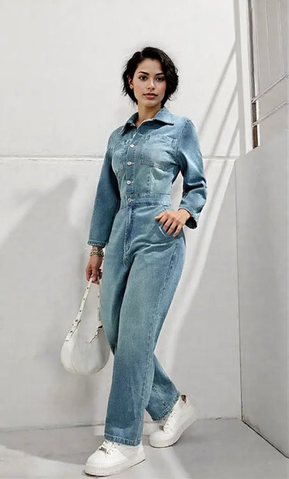 Half Button Long Sleeve Straight Leg Denim Jumpsuit