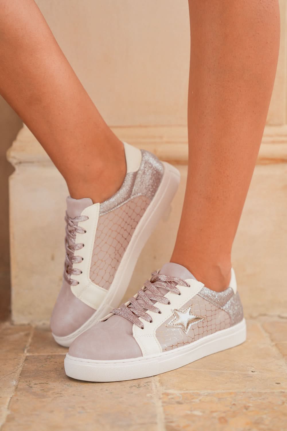 Gold Glitter Star Patchwork PU Leather Lace-up Sneakers Gold 70%PVC+30%PU