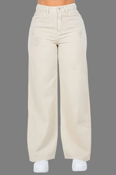 American Bazi High Waist Distressed Wide Leg Jeans Beige