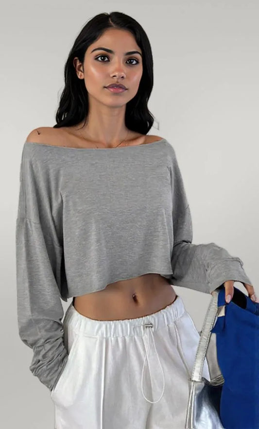 Boat Neck Long Sleeve T-Shirt Gray