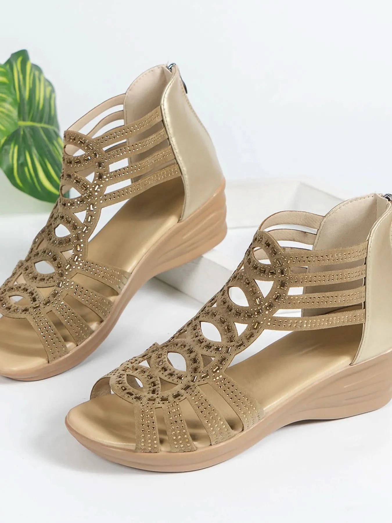 Strappy Wedge Sandals with Rhinestone Details Champagne