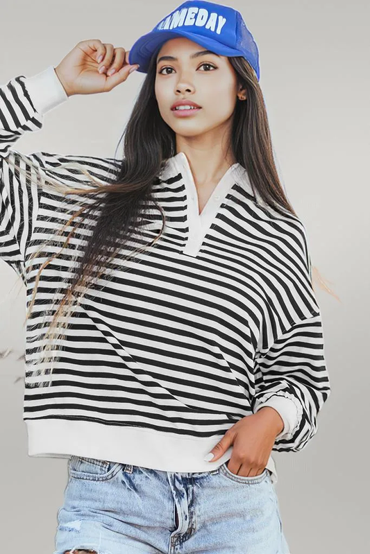 White Stripe Color Block Buttoned Crew Neck Oversized Sweatshirt White Stripe 95%Cotton+5%Elastane