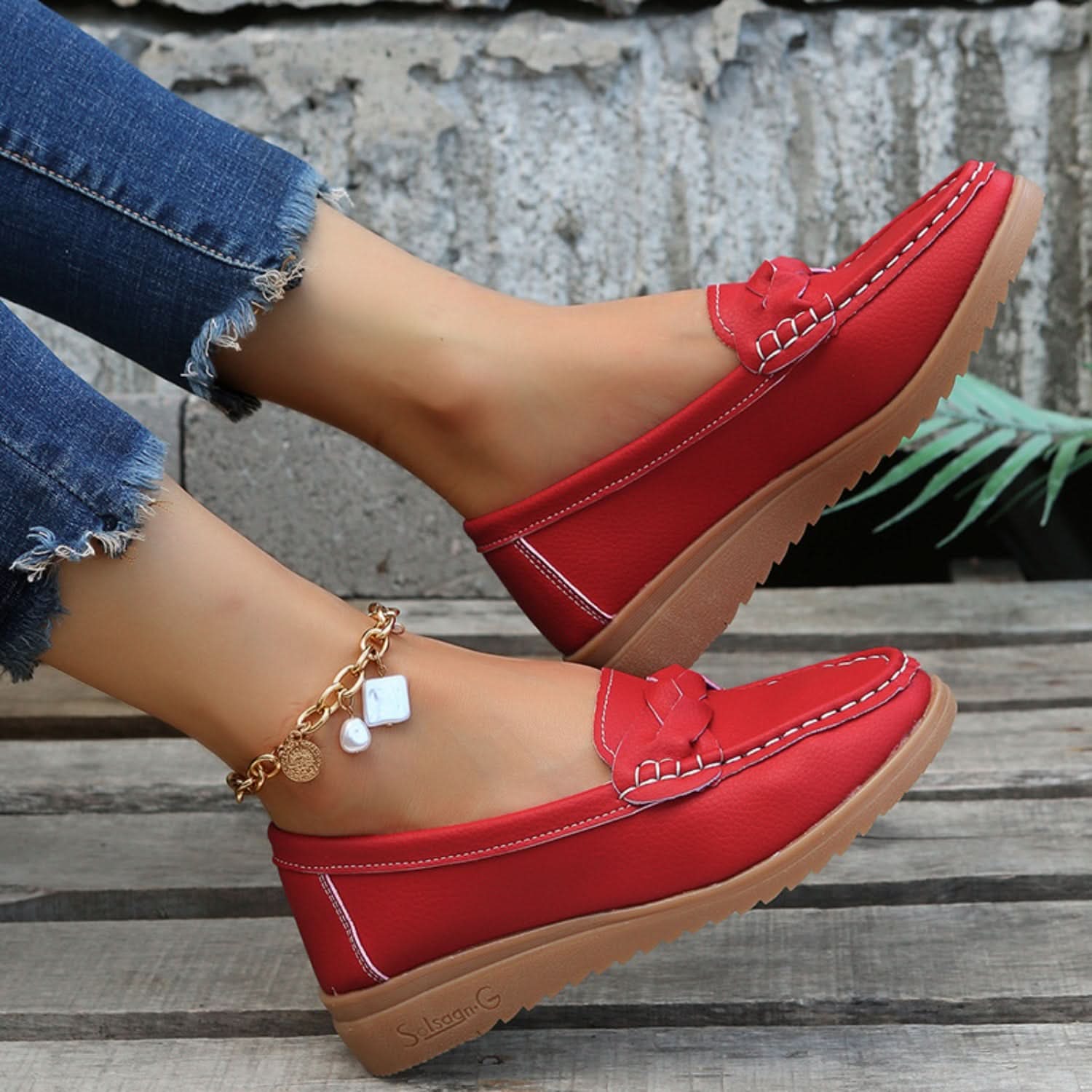 Weave Wedge Heeled Loafers Deep Red