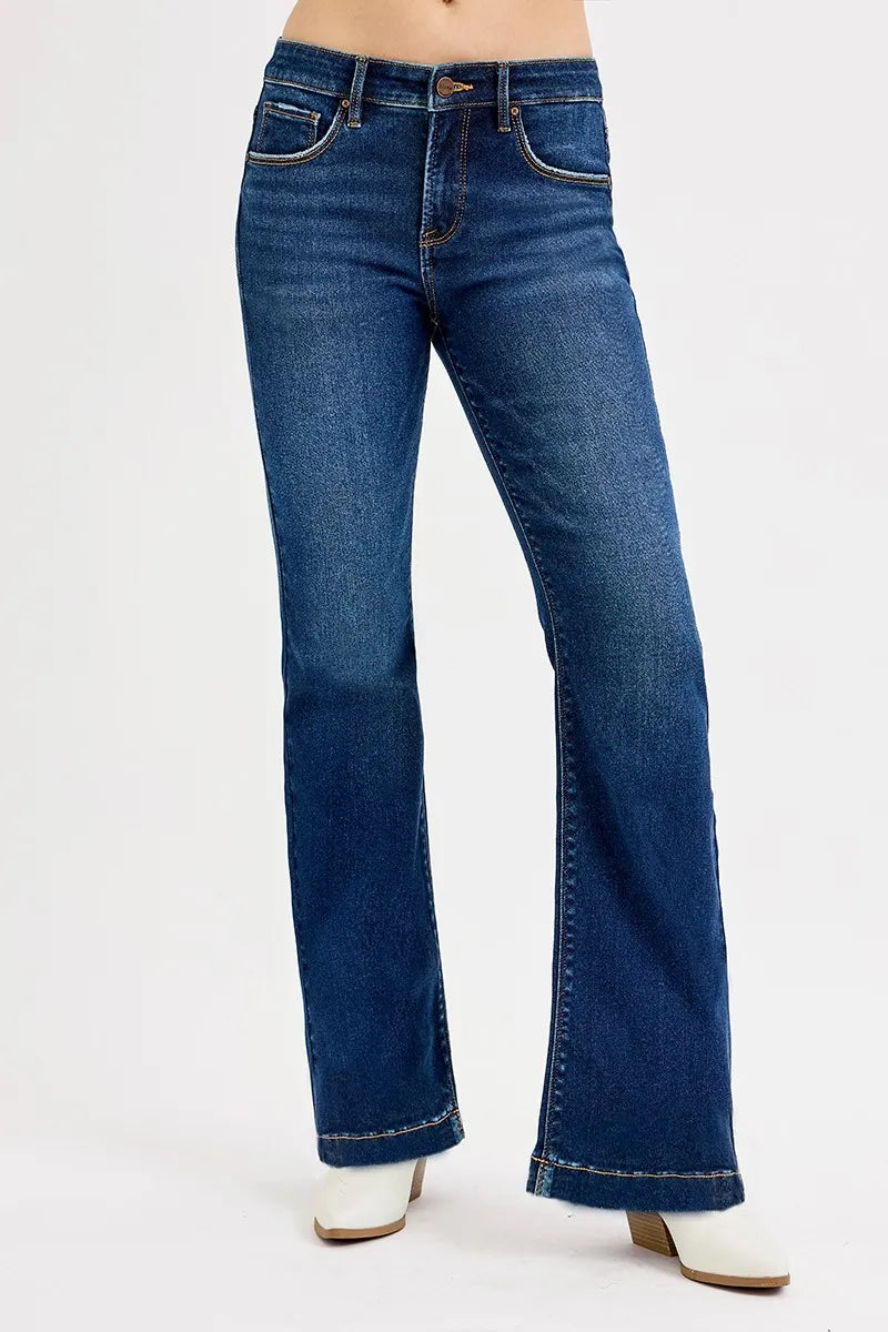RISEN Full SIze Tummy Control Mid Rise Flare Jeans DARK