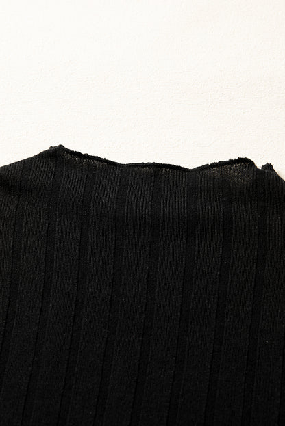 Black Frilled Neck Ribbed Knit Patchwork Long Sleeve Mini Dress Black 97%Polyester+3%Elastane