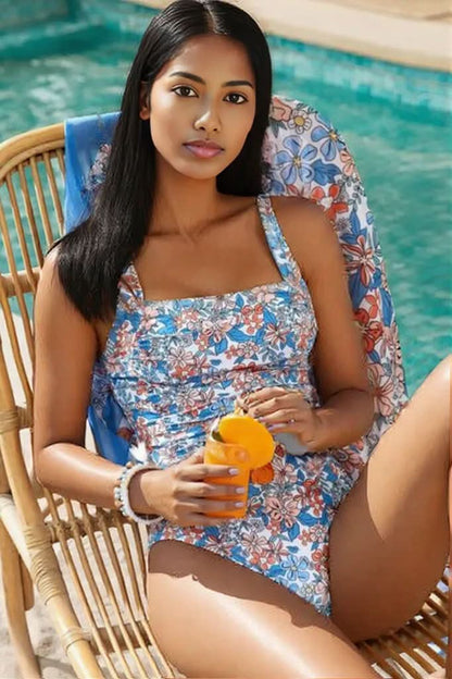 Printed Square Neck Wide Strap One-Piece Swimwear Sky Blue