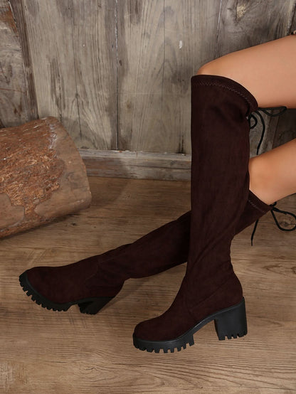 Leopard Round Toe Block Heel Boots Brown