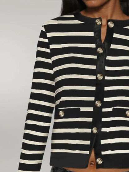 Striped Round Neck Button Up Long Sleeve Cardigan