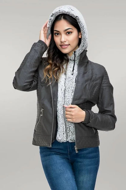 YMI Faux Layered Double-Zipper Jacket with Fuzzy Hood
