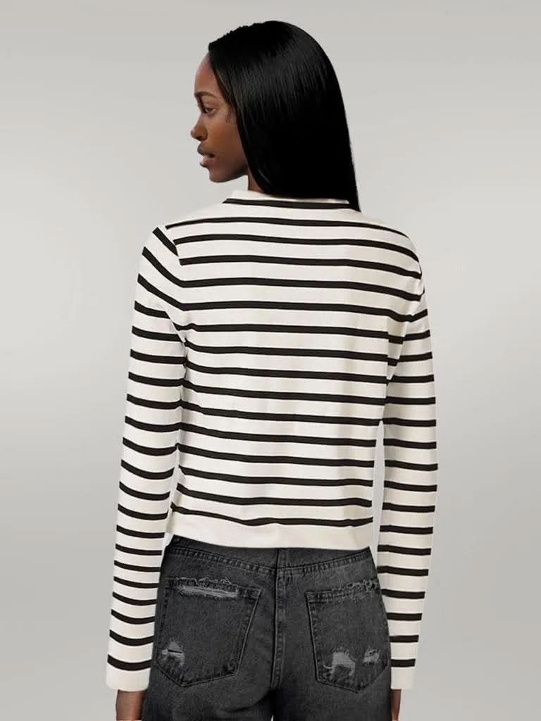 Striped Round Neck Button Up Long Sleeve Cardigan
