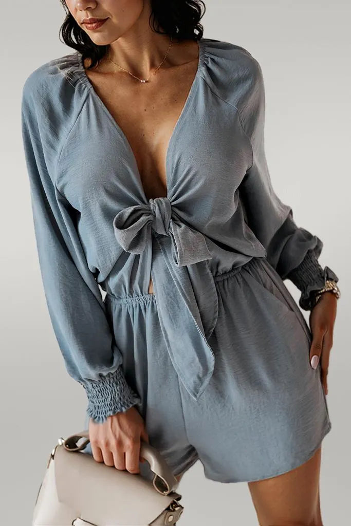 Tied Flounce Sleeve Plunge Romper