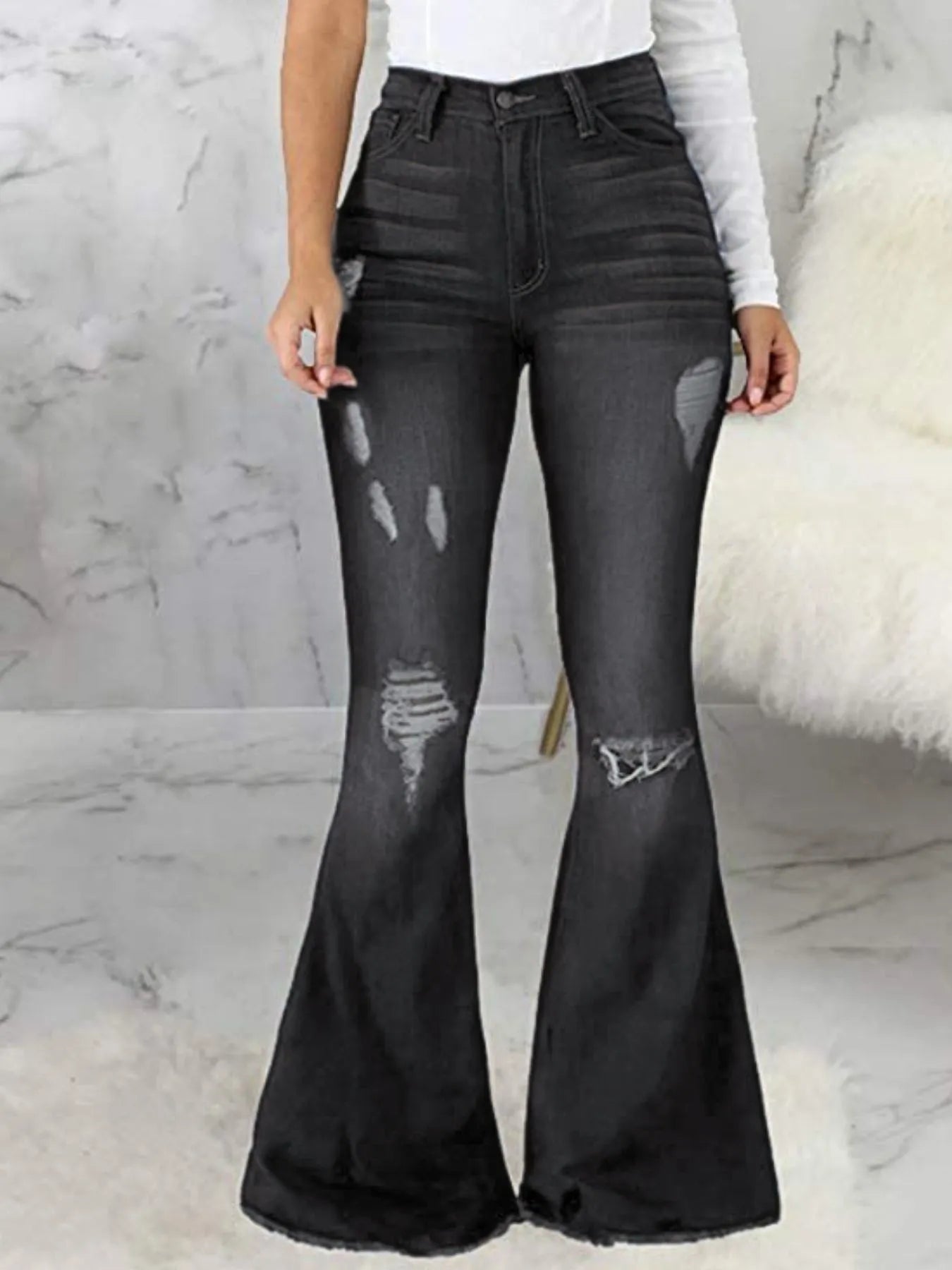 Full Size Distressed Raw Hem Flare Jeans Black