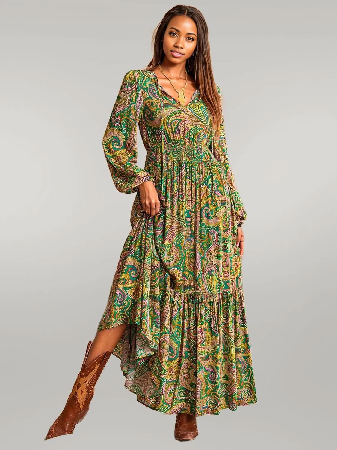 Printed Tie Neck Long Sleeve Dress Matcha Green