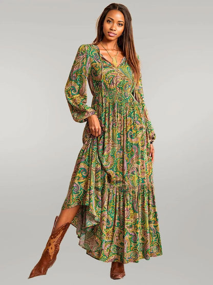 Printed Tie Neck Long Sleeve Dress Matcha Green