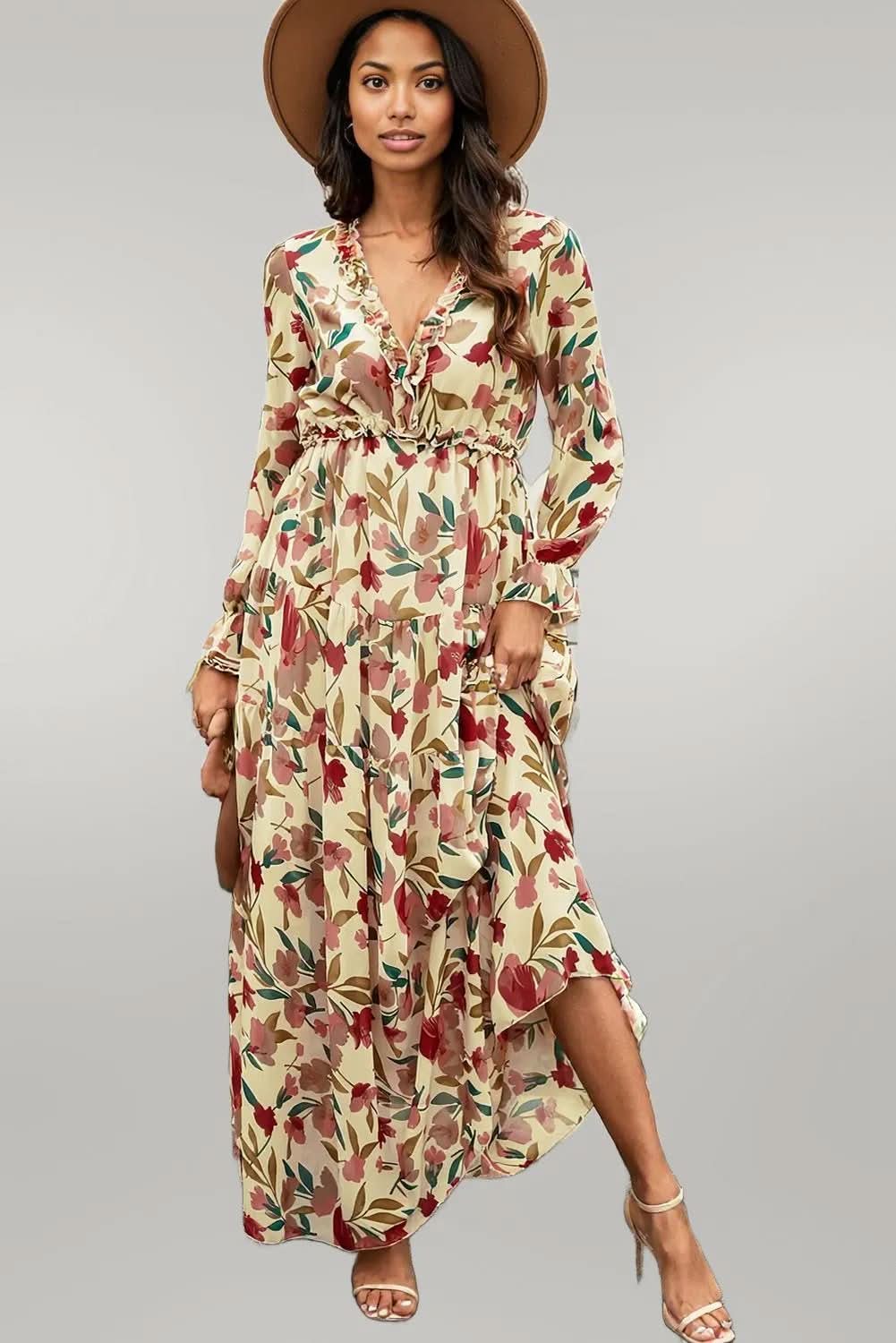 Floral Frill Trim Flounce Sleeve Plunge Maxi Dress Sand