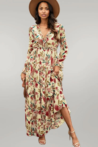Floral Frill Trim Flounce Sleeve Plunge Maxi Dress Sand
